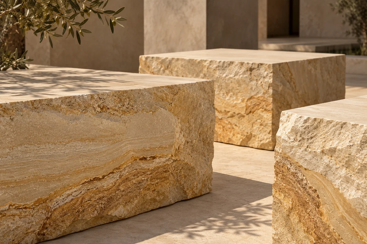 Warm sandstone blocks with natural grain and precisely cut edges