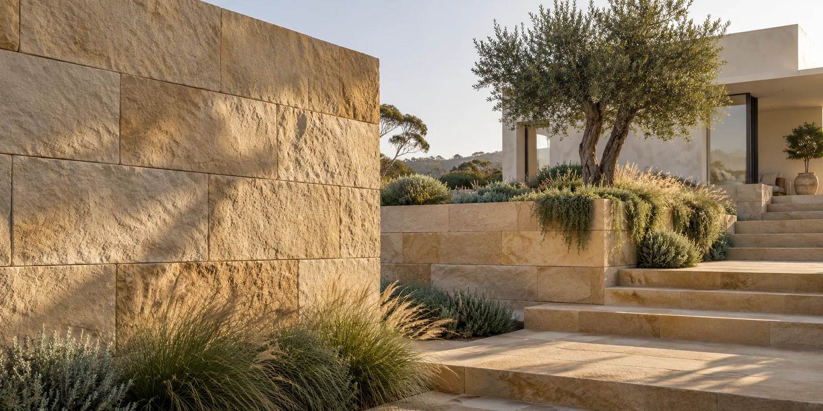 Architectural courtyard with honey sandstone walls, broad stone steps and an olive tree
