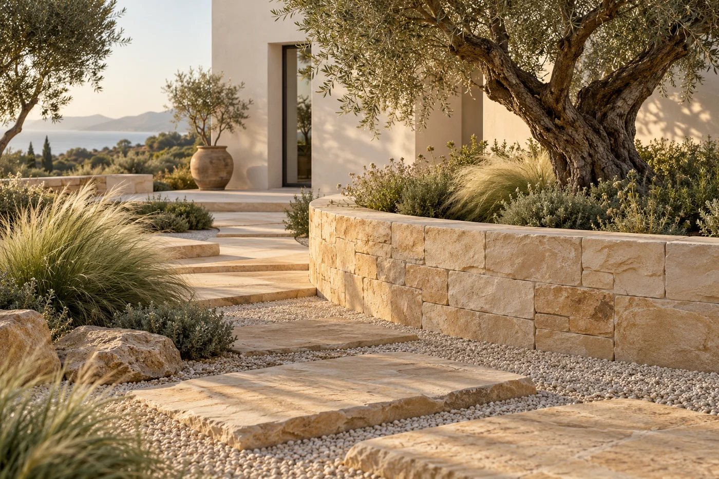 Concept garden with sandstone walls, an olive tree and layered planting