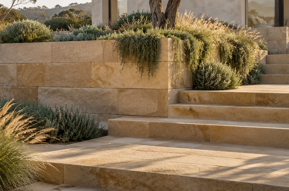 Cream sandstone paving and wide steps in a landscaped courtyard